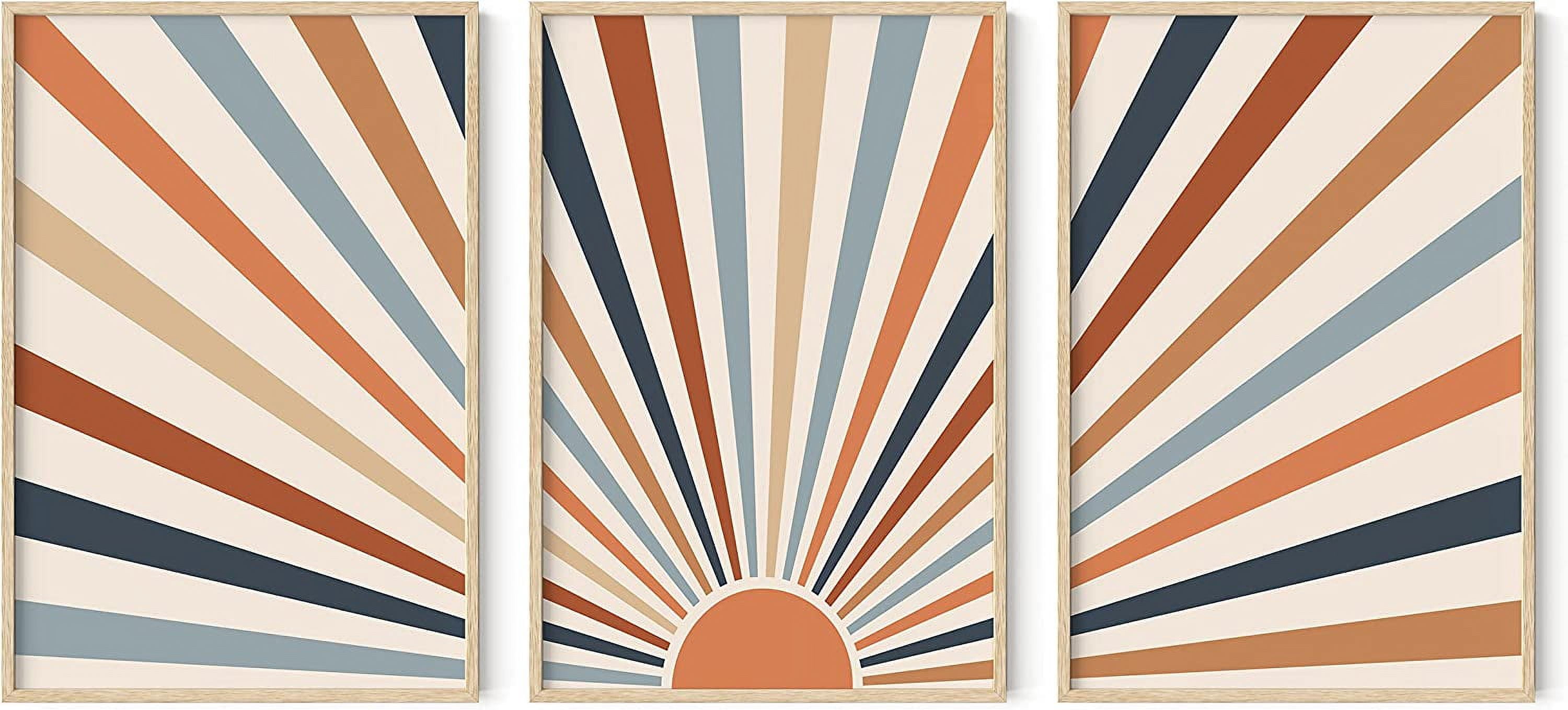 Abstract Orange Sun Wall Art - Colorful Sunset Painting With Beige Frame, 24x36 Inches, Modern Home Decor