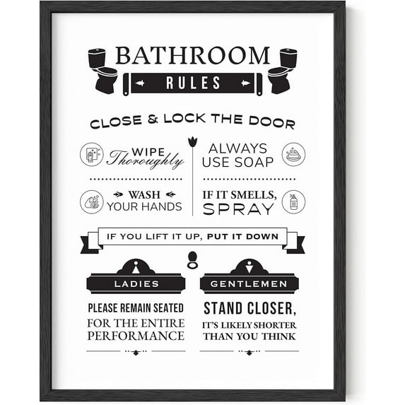 HAUS AND HUES Funny Bathroom Decor & Bathroom Signs Funny Bathroom Wall Art & Bathroom Signs Funny Decor | Funny Bathroom Art Toilet Rules Wall Decor (Black Framed) (12x16)