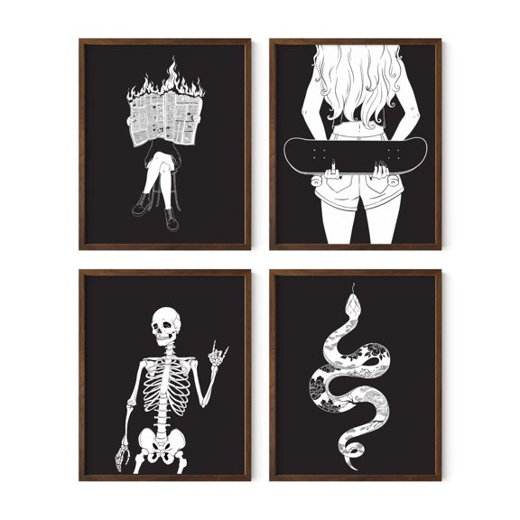 HAUS AND HUES Goth Wall Decor Set of 4 - Halloween Prints Wall Art, Horror Posters, Skeleton Wall Decor, Halloween Prints Wall Art, Spooky Home Decor, Witchy Wall Art (8x10, WALNUT FRAMED)