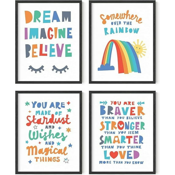 HAUS AND HUES Inspirational Quotes for Kids Wall Decor Kids Inspirational Wall Art & Playroom Wall Decor | Nursery Quotes Kids Room Wall Decor, Dream Rainbow Set of 4-11x14 - Framed Black