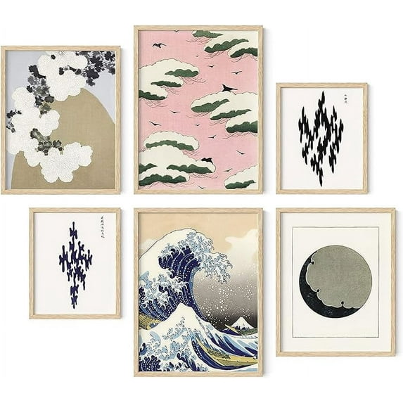HAUS AND HUES Japanese Wall Decor Gallery Wall Art Set of 6 - Japanese Room Decor, Japanese Art, Asian Poster, Japanese Decor, Japanese Poster (Framed Beige)