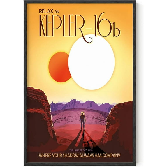 HAUS AND HUES Kepler 16b Space Posters for Room, Nasa JPL Posters Space Decor, Visions of the Future Poster Dorm Vintage Space Wall Art, Retro Futurism Art, Scifi Kepler (Framed Black 24x36)