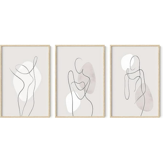HAUS AND HUES Line Art Wall Decor - Set of 3 Abstract Art Wall Decor, Neutral Wall Art, Framed Wall Art for Living Room, Modern Art Wall Decor, Minimalist Wall Art, Modern Art (Beige Framed, 24x36)
