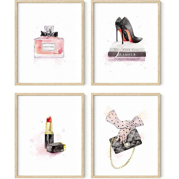 HAUS AND HUES Makeup Wall Decor for Glamour Room - Set of 4 Makeup Pictures Wall Decor, Lipstick Pictures Wall Decor, Vanity Décor (8x10, Framed Beige)