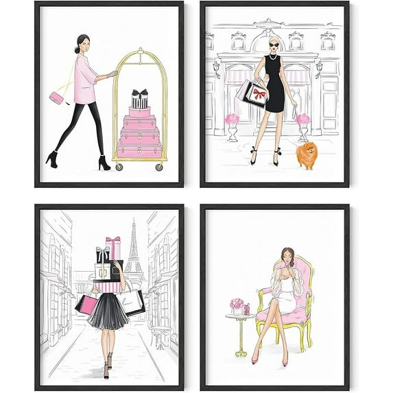 HAUS AND HUES Makeup Wall Decor for Glamour Room - Set of 4 Makeup Pictures Wall Decor | Lipstick Pictures Wall Decor | Vanity Décor (Fashion Sketches, 11x14 Black Framed)