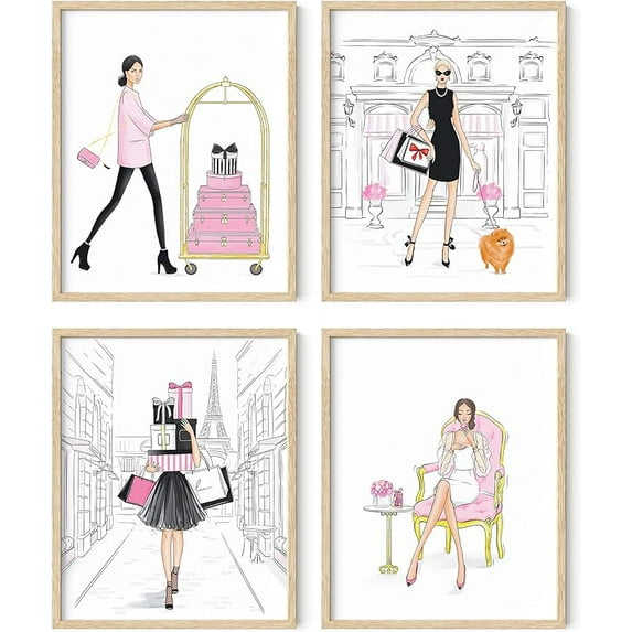 HAUS AND HUES Makeup Wall Decor for Glamour Room - Set of 4 Makeup Pictures Wall Decor | Lipstick Pictures Wall Decor | Vanity Décor (Fashion Sketches, 8x10 Beige Framed)