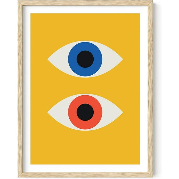 HAUS AND HUES Mid Century Modern Wall Art Print - Retro Wall Art, Evil Eye Decor, Yellow Wall Art, Bauhaus Poster, Geometric Wall Art Decor, Large Abstract Art Wall Decor (Framed Beige, 12x16)