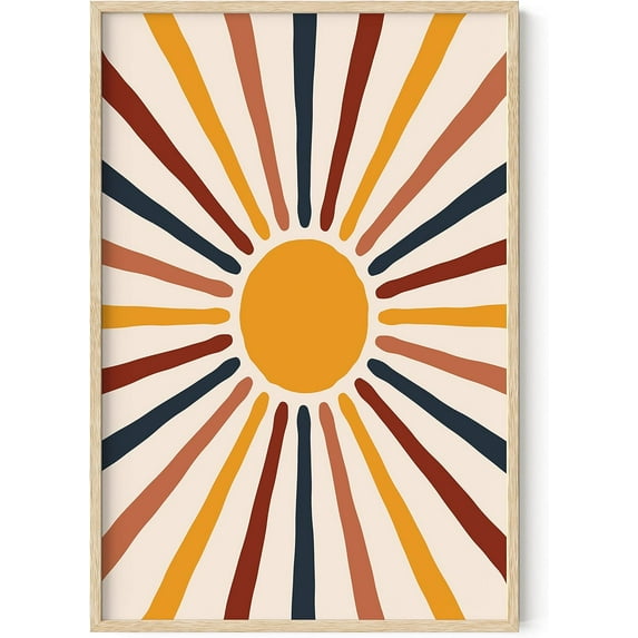 HAUS AND HUES Mid Century Modern Wall Art Sun, Boho Posters and Prints Wall Art Mid Century Modern Print Sun Art Print Boho Pictures for Wall, Centered Yellow Sun Rainbow Rays (Framed Beige 24x36)