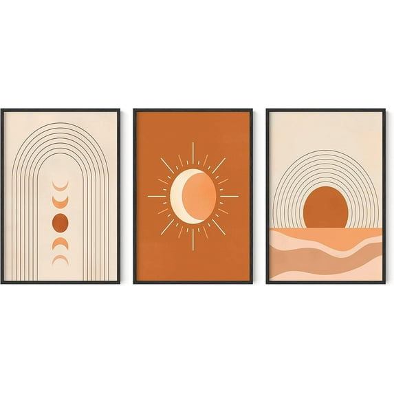 HAUS AND HUES Mid Century Wall Art and Terracotta Decor Set of 3 Mid Century Art Prints | Moon Wall Art | Boho Art Wall Decor | Mid Century Modern Wall Art | Geometric Decor BEIGE FRAMED 11x14