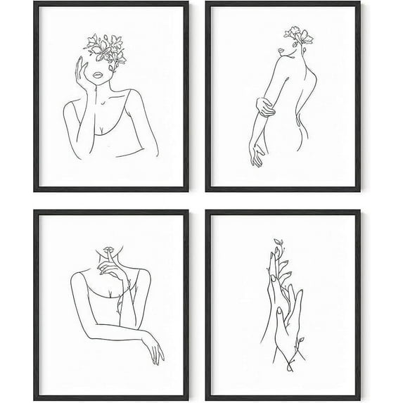 HAUS AND HUES Minimalist Line Art - Set of 4 Minimalist Print Wall Decor, Minimalist Wall Art Big Female Poster, Line Drawing Wall Art Women Body, Aesthetic Drawings, Sketch Poster (8"x10", UNFRAMED)