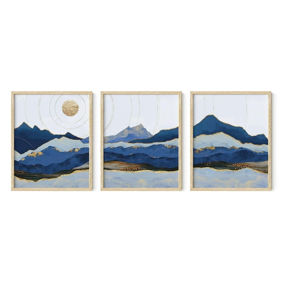 HAUS AND HUES Mountain Wall Art - Blue Wall Decor Nature Wall Art Set of 3, Modern Wall Decor, Landscape Wall Art, Abstract Art Wall Decor, Mountain Art Framed Wall Art Set (16x20, Beige Framed)