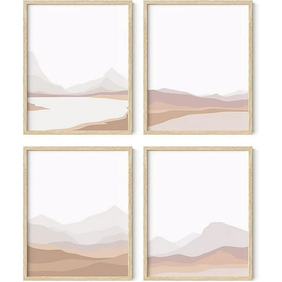 HAUS AND HUES Mountain Wall Art - Set of 4 Mid Century Modern Wall Decor, Landscape Wall Art, Nature Wall Decor, Modern Art Wall Decor, Wall Art Landscape Art, Mountain Framed (Beige Framed, 8x10)