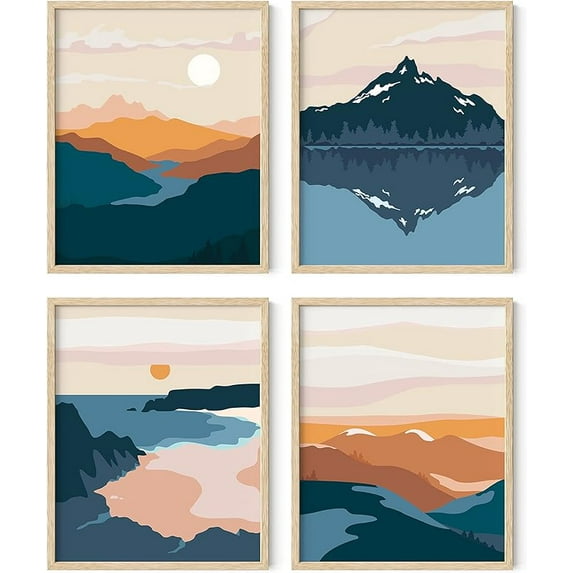 HAUS AND HUES Nature Wall Art Prints Set of 4 - Landscape Mountain Decor, Mid Century Art Wall Decor, Geometric Abstract Nature Wall Art, Mountain Art Wall Decor, Adventure (Beige Framed, 16x20)