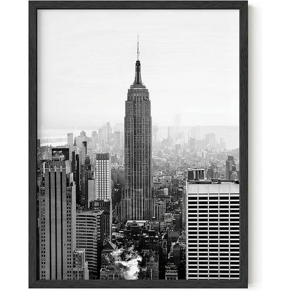 HAUS AND HUES New York Poster Gray Empire State NYC Wall Art New York City Wall Art NYC Skyline Wall Art Empire State Building Wall Art Black and White | (Black Framed, 12x16)