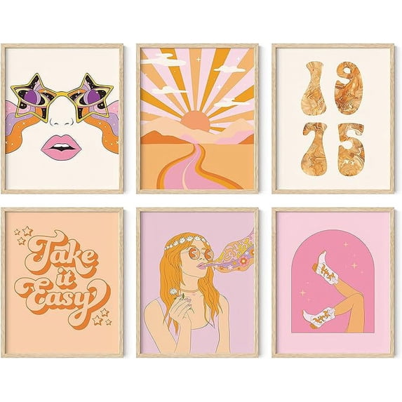 HAUS AND HUES Orange Wall Decor Gallery Art Set of 6 - Posters for Room Aesthetic Trippy, 70s Wall Decor, Trippy Wall Decor, Pink and Orange Wall Art, Hippy Wall Pictures (16x20, Framed Beige)