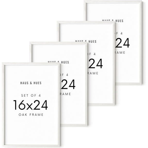 HAUS AND HUES Picture Frames 16x24 - Set of 4 16x24 Picture Frames for Wall, Poster Frames 16x24, 16 x 24 Gallery Wall Frame Set, 16 by 24 Picture Frame Natural Wood Frame (White Frame)