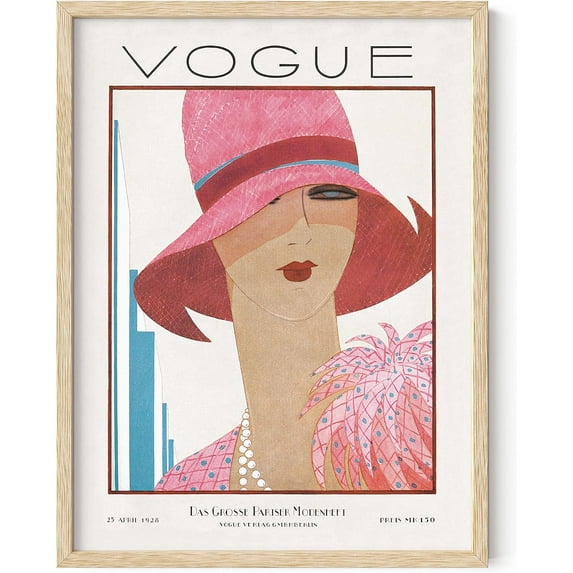 HAUS AND HUES Pink Wall Art - Vintage Vogue Framed Wall Art for Bedroom, Pink Pictures Wall Decor Vintage Art Print, Glam Room Decor Fashion Wall Art, Pink Wall Decor (Beige Framed 12x16)