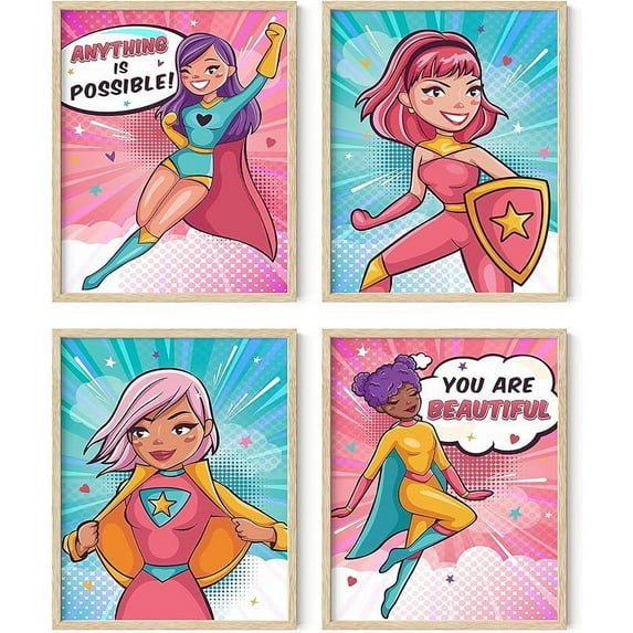 HAUS AND HUES Posters for Teen Girls Room - Set of 4 Supergirl Inspirational Wall Art Prints Cute Girl Wall Decor | Positive Affirmation Bedroom Superhero Motivational Wall Art (8"x10", BEIGE FRAMED)