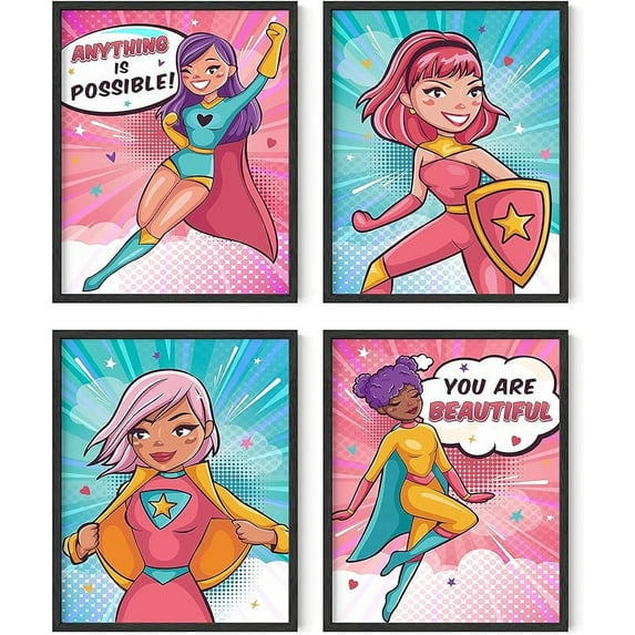 HAUS AND HUES Posters for Teen Girls Room - Set of 4 Supergirl Inspirational Wall Art Prints Cute Girl Wall Decor | Positive Affirmation Bedroom Superhero Motivational Wall Art (8"x10", UNFRAMED)
