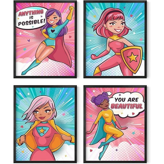 HAUS AND HUES Posters for Teen Girls Room - Set of 4 Supergirl Inspirational Wall Art Prints Cute Girl Wall Decor, Positive Affirmation Bedroom Superhero Motivational Wall Art (8x10, Framed Black)