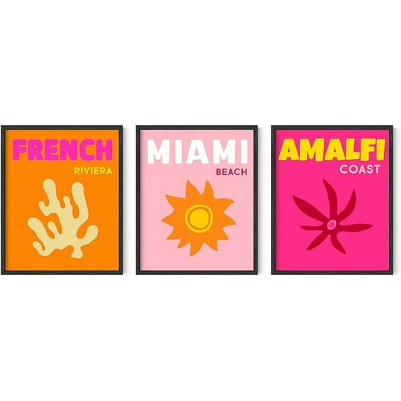 HAUS AND HUES Preppy Wall Art - Set of 3 Colorful Framed Art, Travel Wall Decor Preppy Decor, Trendy Wall Art, Bright Wall Art For Living Room, Beach Posters For Walls, (16x20, Black Framed)