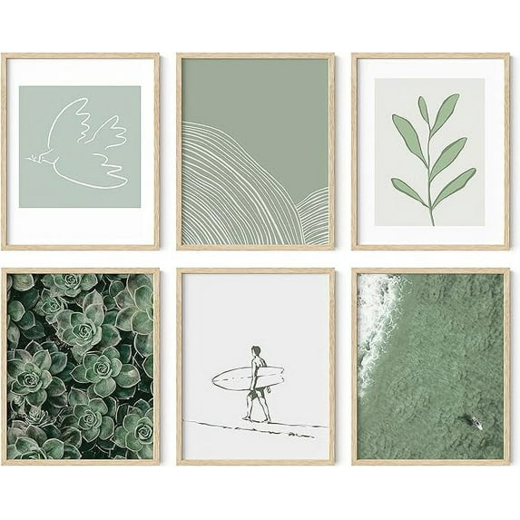 HAUS AND HUES Sage Green Wall Art - Set of 6 Nature Wall Art, Botanical Wall Art Framed Art Set, Abstract Art Wall Decor, Green Aesthetic Room Decor, Plant Art Framed Wall Art (11x14, Framed Beige)