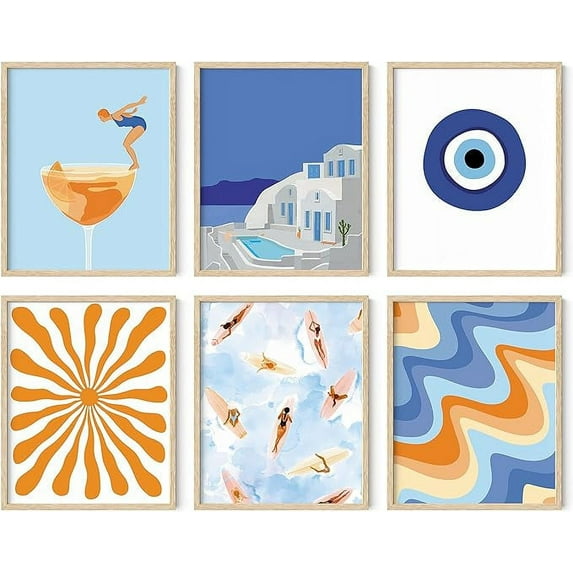 HAUS AND HUES Seascape Posters Gallery Wall Art Set of 6 - Beach Wall Art, Evil Eye Wall Decor, Travel Pictures for Wall, California Wall Art, Blue Poster, Orange Wall Art (Framed Beige 16x20)