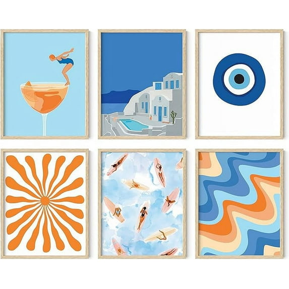 HAUS AND HUES Seascape Posters Gallery Wall Art Set of 6 - Beach Wall Art, Evil Eye Wall Decor, Travel Pictures for Wall, California Wall Art, Blue Poster, Orange Wall Art (Framed Beige 11x14)