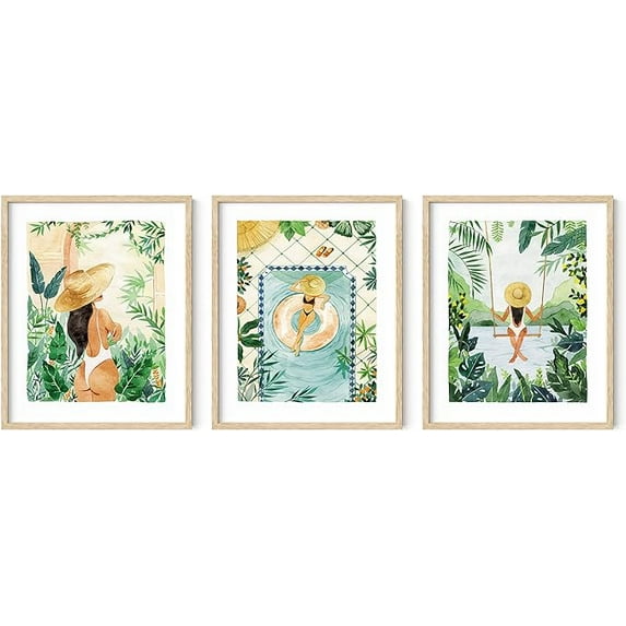 HAUS AND HUES Set of 3 Tropical Framed Art, Tropical Wall Art, Boho Wall Art, Boho Pictures Wall Decor, Tropical Paintings for Wall, Female Wall Decor, Boho Paintings (Beige Framed, 16x20)