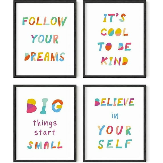 HAUS AND HUES Set of 4 Kids Motivational Posters & Kids Inspirational Wall Art, Wall Quotes for Kids Playroom Decor, Kids Bathroom Wall Decor Childrens Room Decor, (Black Framed, 8x10)