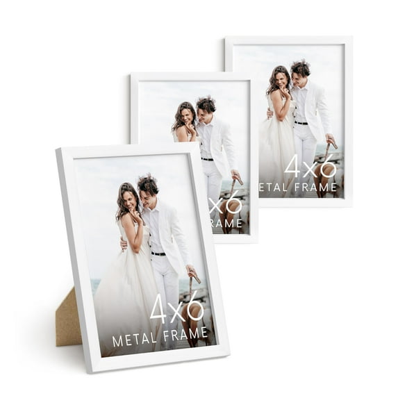 HAUS AND HUES 4x6 White Metal Picture Frames - White 4X6 Photo Frames - Features Premium Aluminum, Vertical Hanging, Easel Back for Tabletop, Home, Office (4x6 in, White, Set of 3)