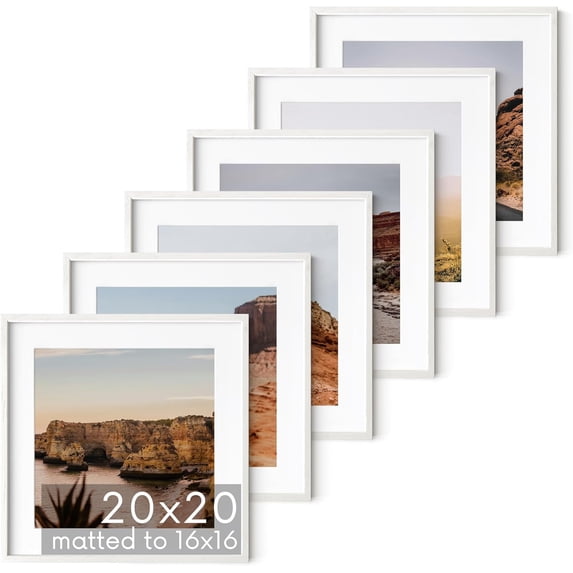 HAUS AND HUES Solid Oak Wood 20”x20” Picture Frames Matted to 16”x16” Set of 6 - Bulk Picture Frames Pack of 6, Square Frames 20x20, Square White Picture Frames Bulk, White Gallery Wall Frame Set