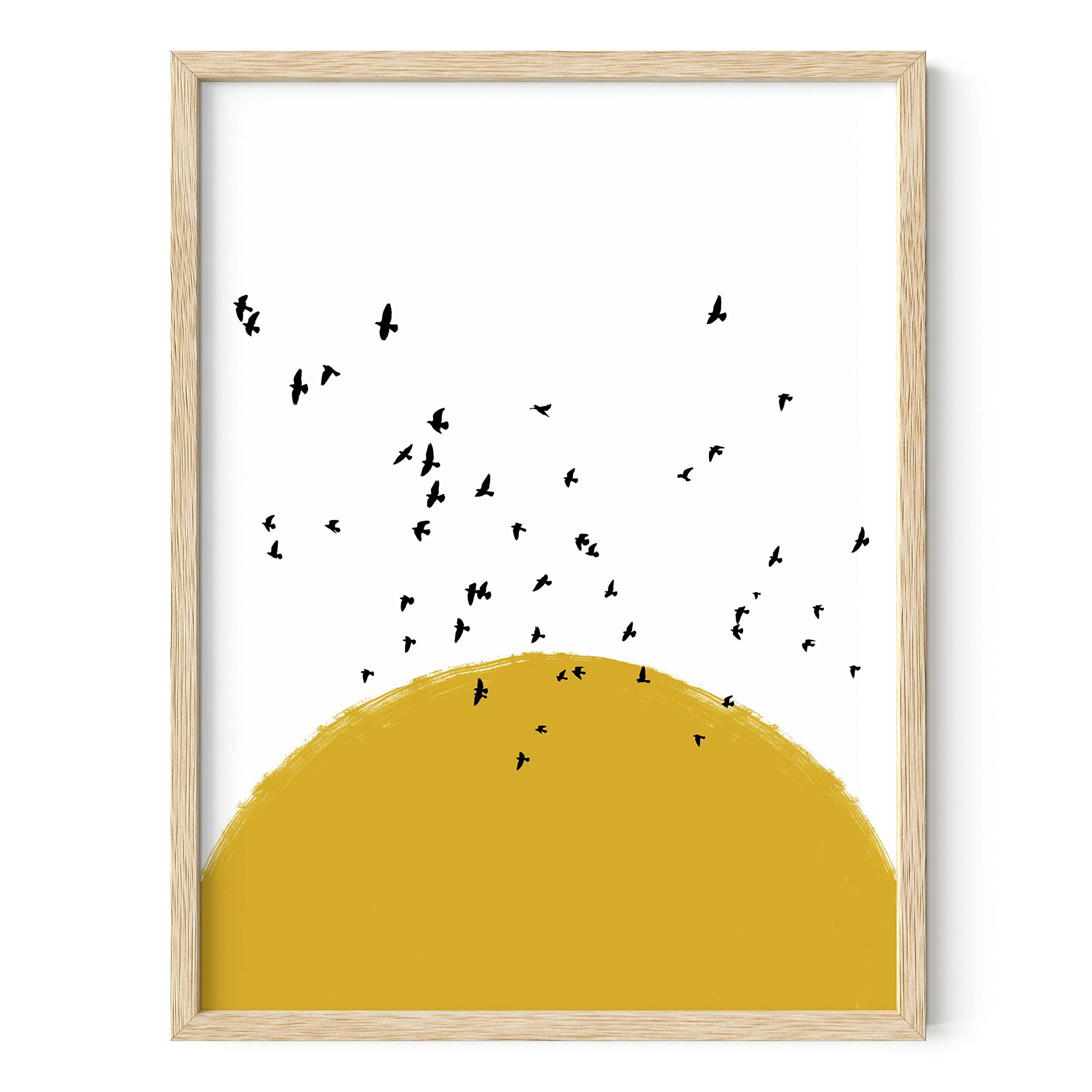 Abstract Orange Sun Wall Art - Colorful Sunset Painting With Beige Frame, 24x36 Inches, Modern Home Decor