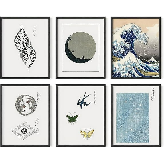 HAUS AND HUES Vintage Japanese Wall Art Framed - Set of 6 Asian Art Work for Living Rooms, The Great Wave Art Wall Decor, Aesthetic Japanese Style Painting (11x14, Framed Black)