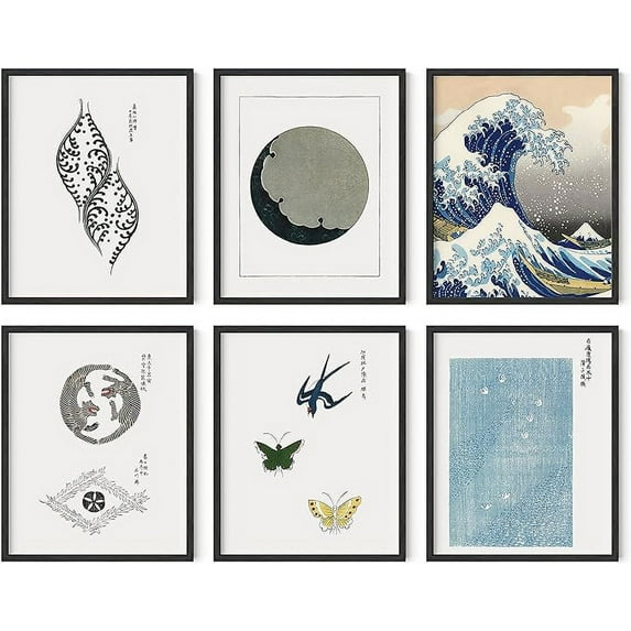HAUS AND HUES Vintage Japanese Wall Art Framed - Set of 6 Asian Art Work for Living Rooms, The Great Wave Art Wall Decor, Aesthetic Japanese Style Painting (8x10, Framed Black)