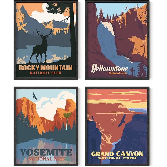 HAUS AND HUES Vintage National Park Posters - Set of 4 National Park Famed, Grand Canyon Art Framed, National Parks Gifts, Yosemite Wall Art Mountain Wall Art Mountain Posters (8x10, Framed Black)
