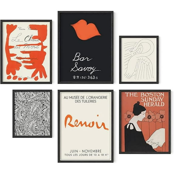 HAUS AND HUES Vintage Wall Art - Set of 6 Red Art Painting, French Art Deco Gallery Wall Art, William Morris Wall Art, Red and Black Wall Decor, Famous Artwork, Picasso Wall Art (Framed Black)