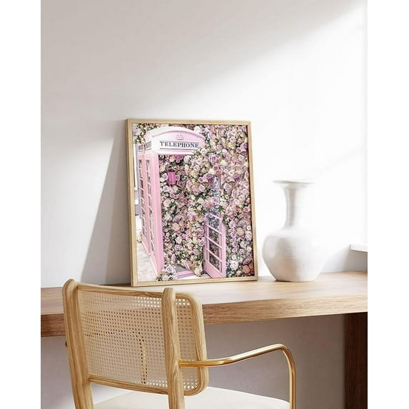 HAUS AND HUES Wall Decor Glamour Floral Phone Booth | Flower Poster Pink Pictures Wall Decor, Paris Poster, Paris Pictures for Wall Fashion Art Wall Decor | BEIGE FRAMED 16” x 20”