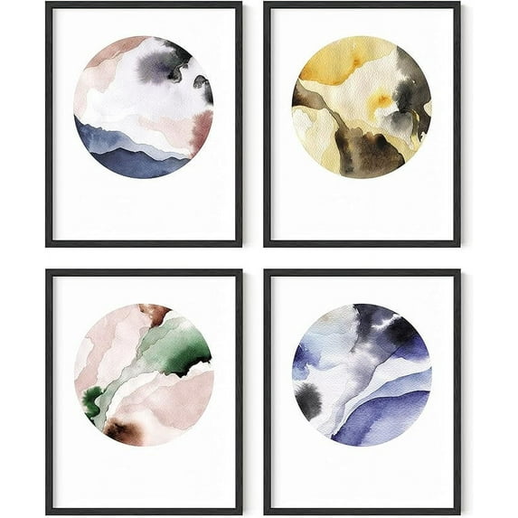 HAUS AND HUES Watercolor Prints Wall Art - Set of 4 Minimalist Wall Art Prints & Posters Modern Wall Art for Bedroom, Minimalistic Modern Abstract Posters Color Swirl Circles (Black Framed, 11x14)