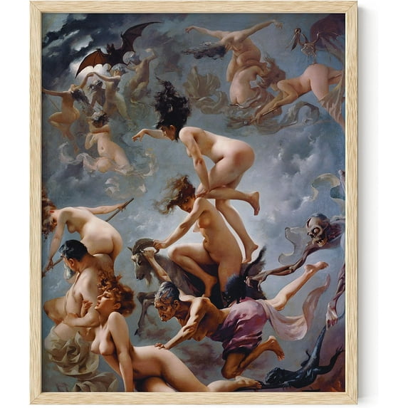 HAUS AND HUES Witch Poster Gothic Wall Art - Vintage Witch Art Gothic Wall Decor, Occult Poster Witchy Wall Decor, Gothic Prints, Spiritual Posters Witches Going to Sabbath (Framed Beige 16x20)