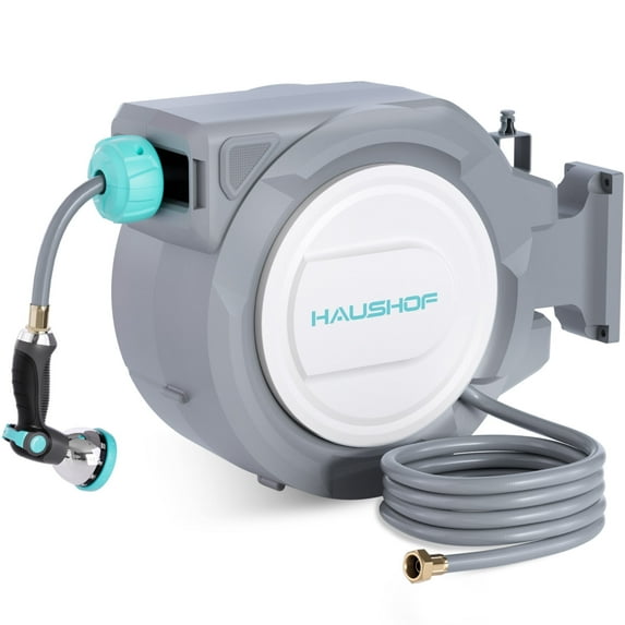 HAUSHOF 1/2" x 100 ft Retractable Garden Hose Reel with Automatic Rewind, 10-Pattern Spray Nozzle, Durable High-Pressure Hose, and 180° Swivel Bracket – Perfect for Watering Gardens, Cleaning Patios