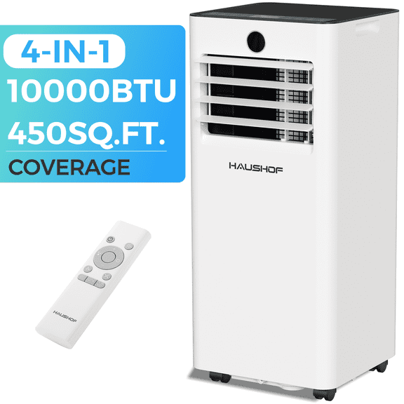 HAUSHOF 10000 BTU Portable Air Conditioner for Rooms up to 450 Sq.Ft, 4-in-1 Portable AC Unit with Cool, Fan, Dry & Sleep Modes, Remote Control, Window Kit Included, White