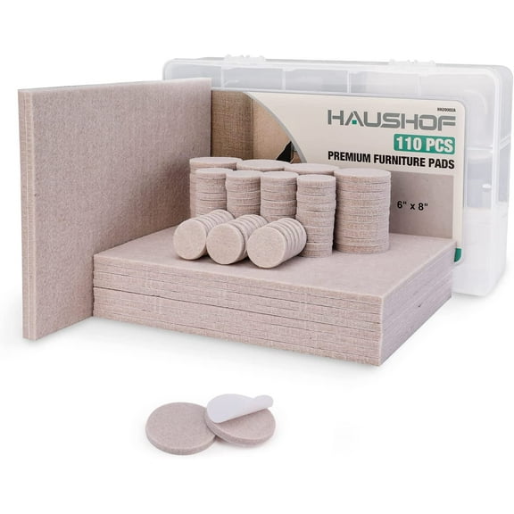 HAUSHOF 110 Pieces Felt Furniture Pads - Include 10 PCS 8"x6" Felt Sheets, Premium Self Adhesive Felt Pads with Storage Box, Anti Scratch Hardwood Floor Protectors for Furniture Feet Chair Legs