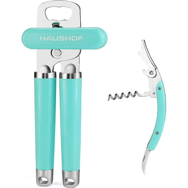 HAUSHOF 2pc Multifunctional Can Opener Set, Can Opener Manual with Comfortable Grip and Sharp Blade, Built in Bottle Opener, Wine Opener