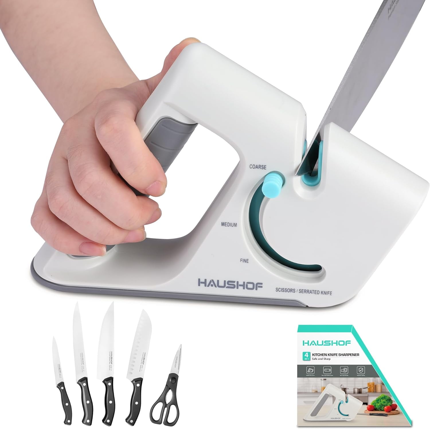 HAUSHOF 4in1 Knife Sharpener Tool, Premium 4Stage Kitchen Knife