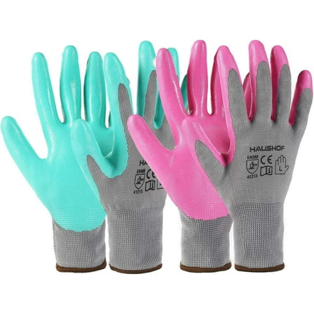 HAUSHOF 6 Pairs Garden Gloves for Women, Nitrile Coated Working Gloves, for Gardening, Restoration Work, Large, Pink & Green, L
