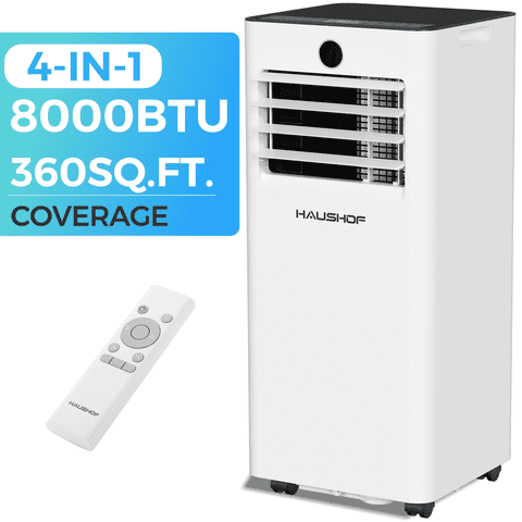 HAUSHOF 8,000 BTU ASHRAE (5,000 BTU DOE) Portable Air Conditioner for Rooms up to 450 Sq.Ft, 4-in-1 Portable AC Unit with Cool, Fan, Dry & Sleep Modes, Remote Control, Window Kit Included, White