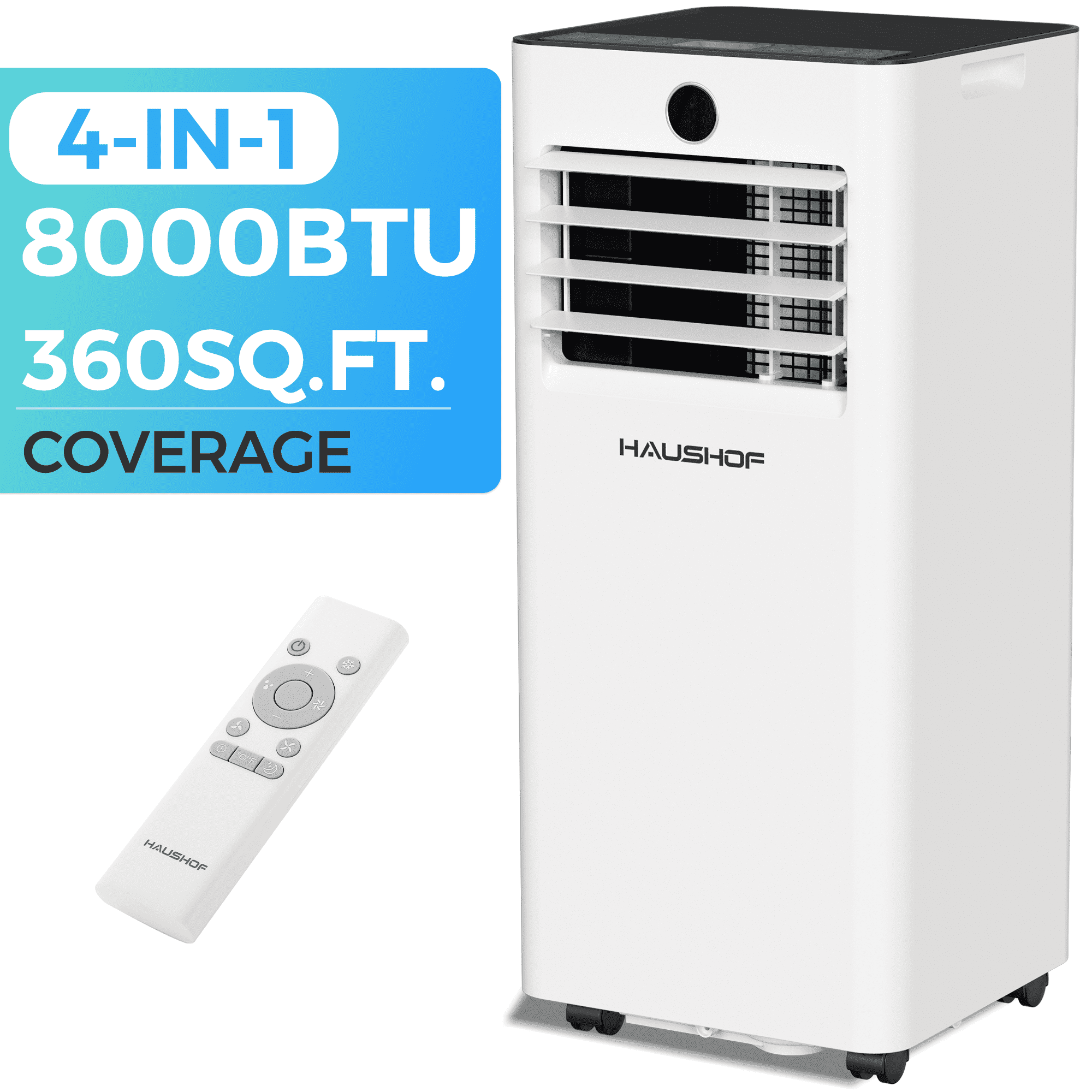 haushof 8000 btu portable air conditioner for rooms up to 360 sq.ft, 4-in-1 portable ac unit with cool, fan, dry & sleep modes, remote control, window kit included, white