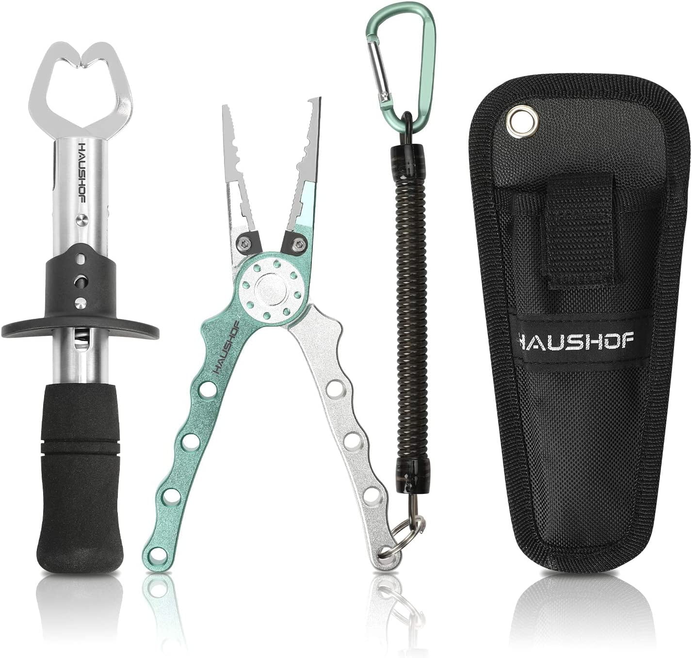 HAUSHOF 3PC Fishing Tool Kit, Stainless Steel Fish Lip Gripper, Aluminum Fishing  Pliers with Sheath, Fish Hook Remover with Safety Coiled Lanyard 