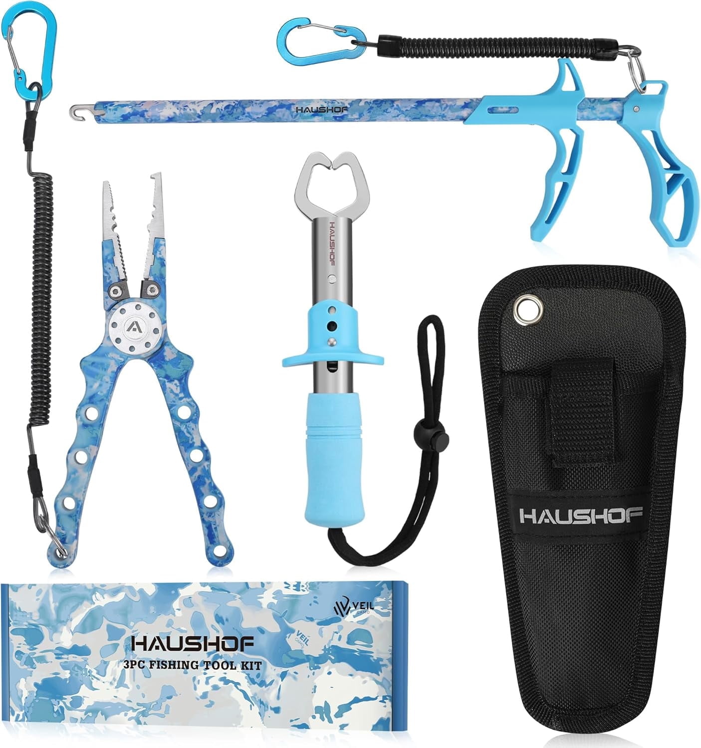 HAUSHOF Fishing Tool Kit, Aluminum Fishing Pliers, Stainless Steel Fish Lip Gripper, Fish Hook Remover with Safety Coiled Lanyard and Sheath, Gifts for Men Women